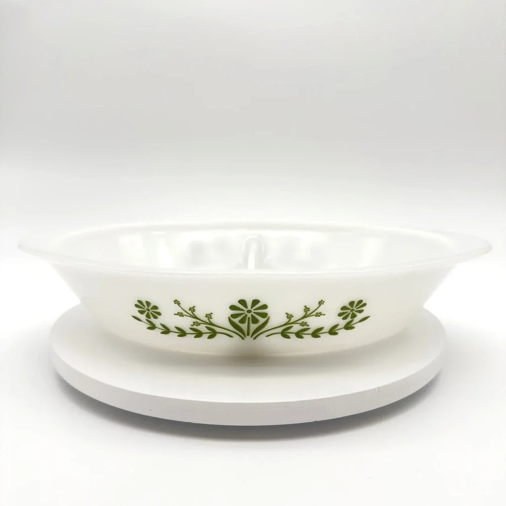 Glasbake Divided Casserole Serving Dish Green Daisy Milk Glass Vintage 1 qt